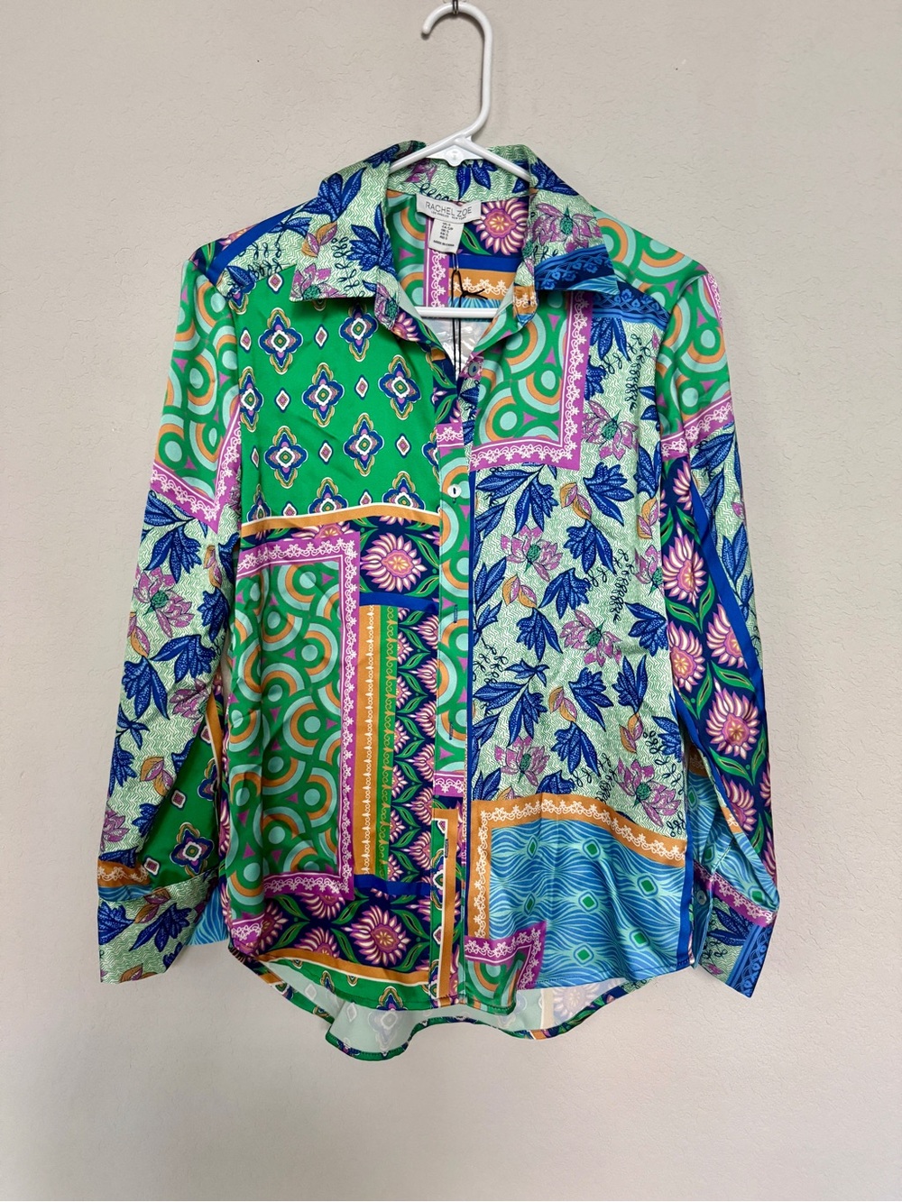 Rachel Zoe Colorblock Paisley & Geometric Button-Up Shirt - Green, Blue, Purple